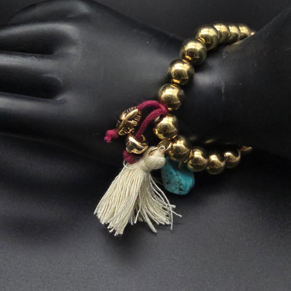Express Gold Tone Beaded Charm Bracelet Stretch Tassel NWT